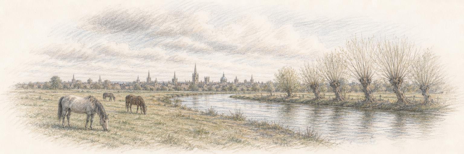 Horses graze on the open grass of Port Meadow beside the River Thames, with Oxford's distant college spires low on the horizon.
