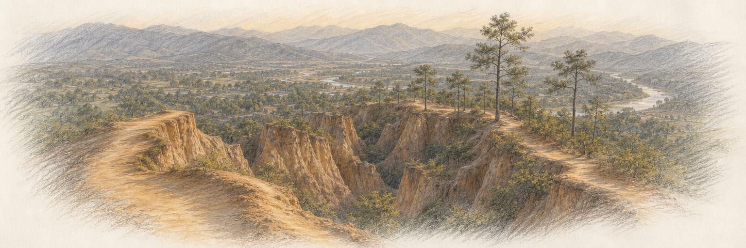 A wide view of Pai Canyon — narrow eroded ridges of pale ochre earth topped with pines, looking out over the Pai valley at dusk.