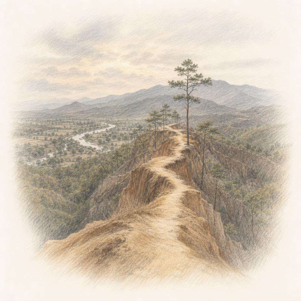 A sketch of Pai Canyon — narrow eroded ridges of pale ochre earth topped with pines, looking out over the Pai valley at dusk.