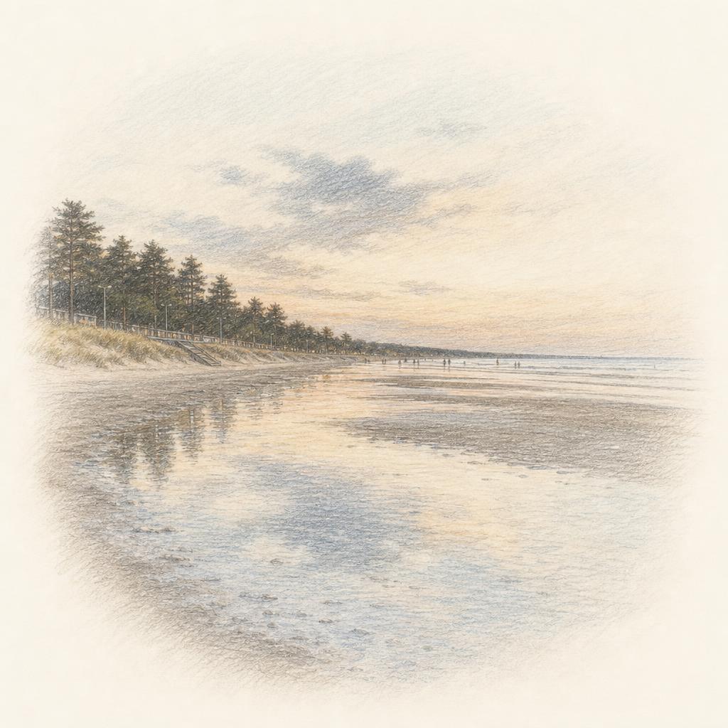 Pärnu's shallow beach with the sea far out over flat wet sand, pines behind the dune.