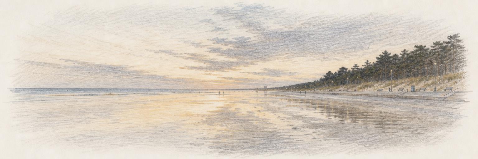 Pärnu's shallow beach at low water, the sea far out over flat wet sand, with the dune and its line of pines behind the promenade.