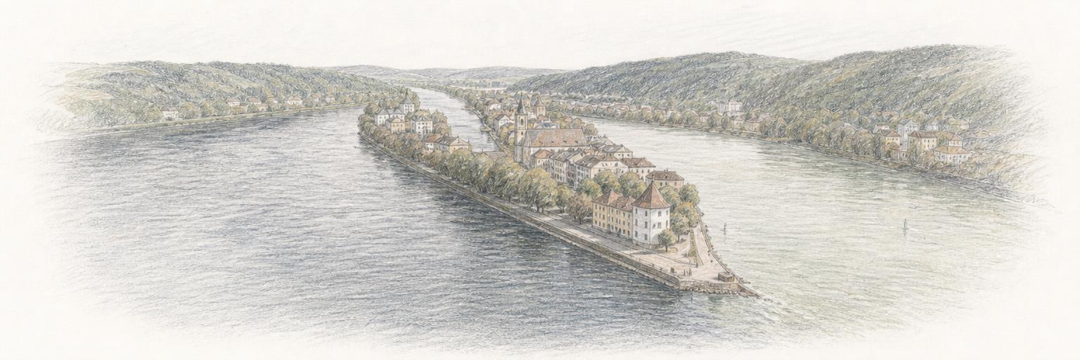 Die Ortspitze in Passau, wo Inn, Donau und Ilz zusammenfließen, mit bewaldeten Hügeln am Horizont.