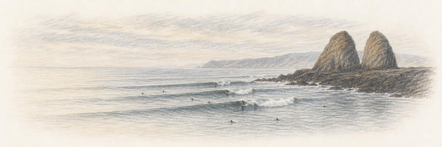 Los morros de Punta de Lobos junto al acantilado, con olas de izquierda rompiendo desde la punta y pequeños surfistas en el agua frente al Pacífico abierto.