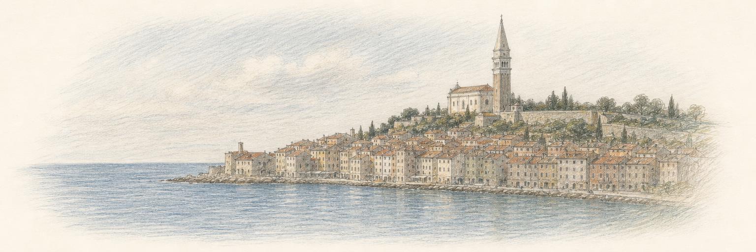 Piran's terracotta-roofed houses packed onto the peninsula tip above the Adriatic, with St George's bell tower rising over the rooftops.