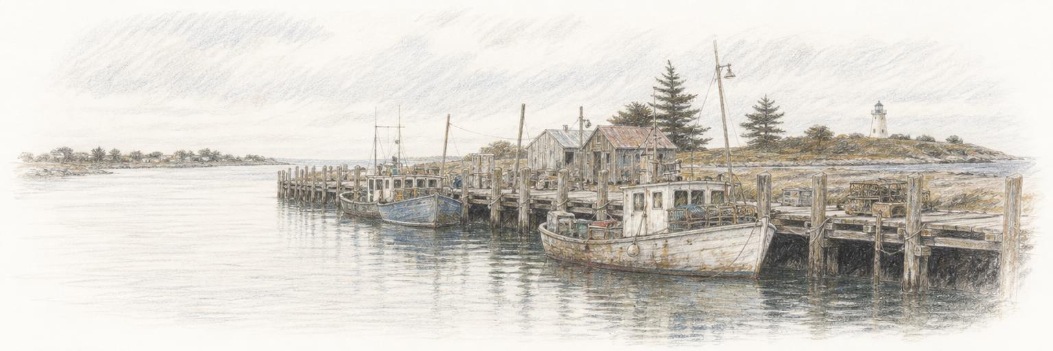 Fishing boats moored along the Moyne River wharf at Port Fairy, with the Griffiths Island lighthouse in the distance where the river meets the Southern Ocean.