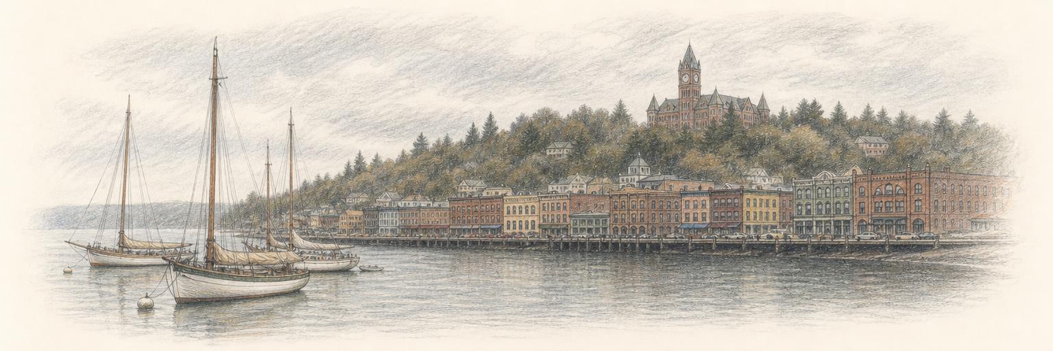 A colored-pencil sketch of Port Townsend's Victorian brick waterfront and the Jefferson County Courthouse clock tower on the bluff, seen from the water.