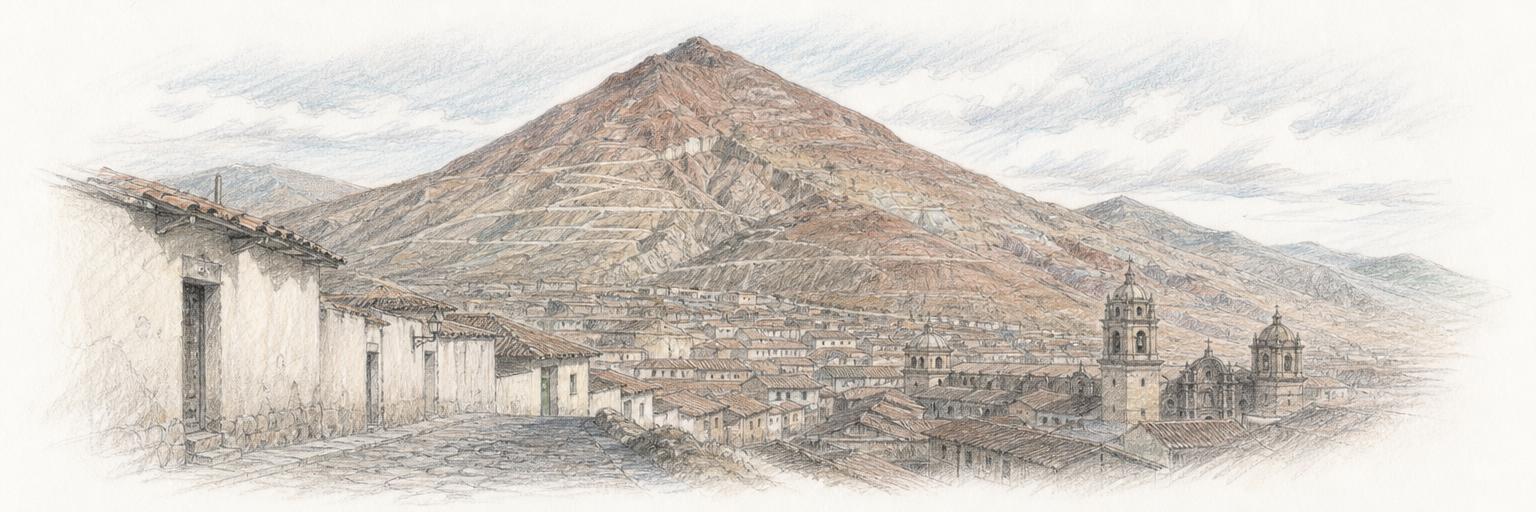 El Cerro Rico se alza sobre los tejados coloniales de Potosí, marcado por siglos de extracción minera.
