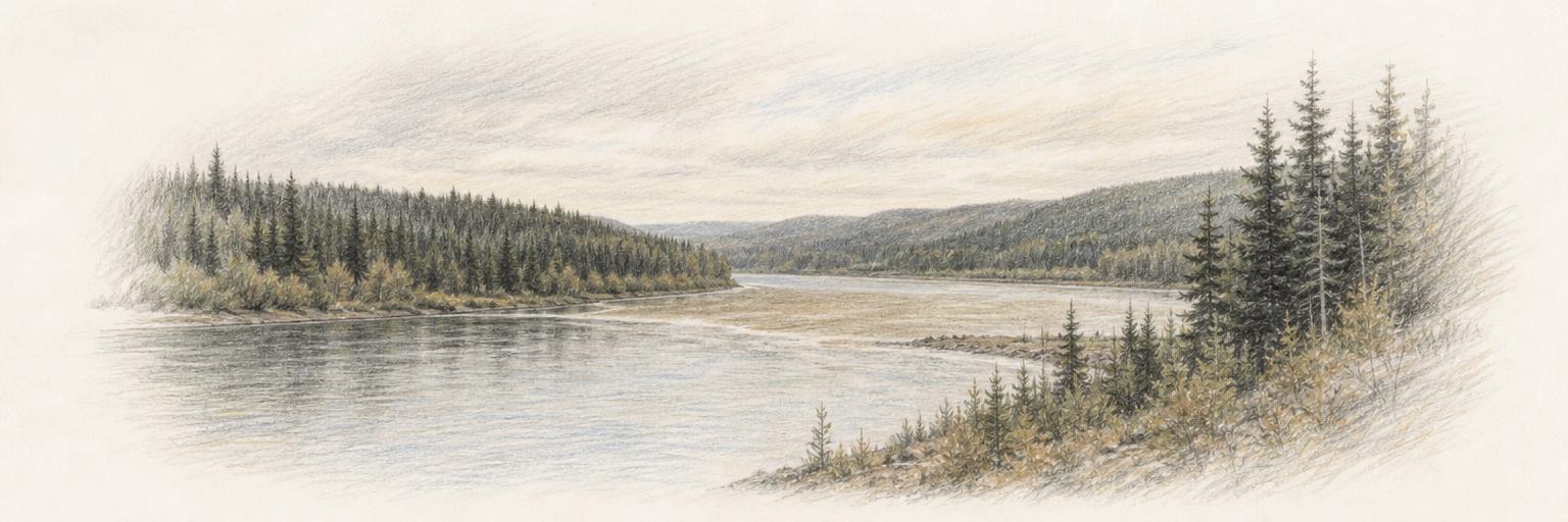 The Nechako River meeting the wider Fraser at Prince George, spruce forest along both banks and the low forested ridges of the valley beyond.