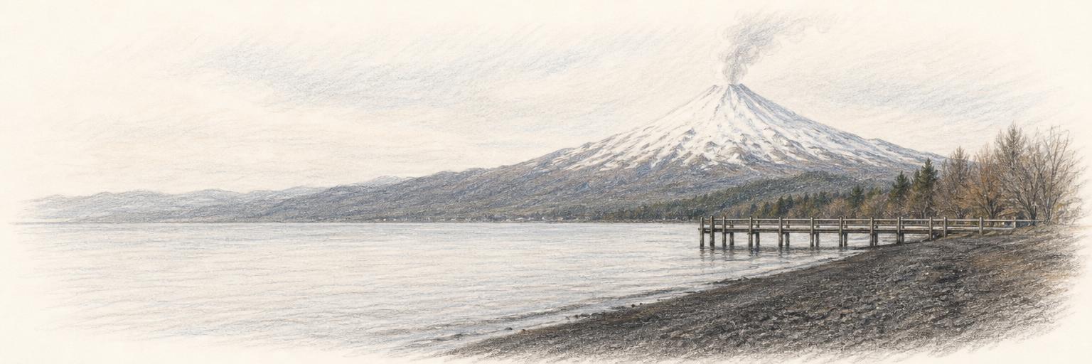El volcán Villarrica nevado, con una pluma en el cráter, al fondo del lago Villarrica y la playa de arena volcánica oscura de Pucón, con un muelle de madera a la derecha.