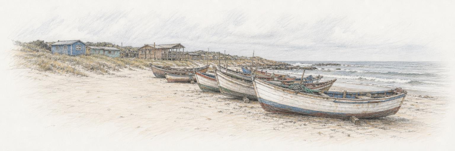 Barcas de pesca artesanal varadas en la arena de la Playa de los Pescadores, con ranchos de madera y el Atlántico al fondo.