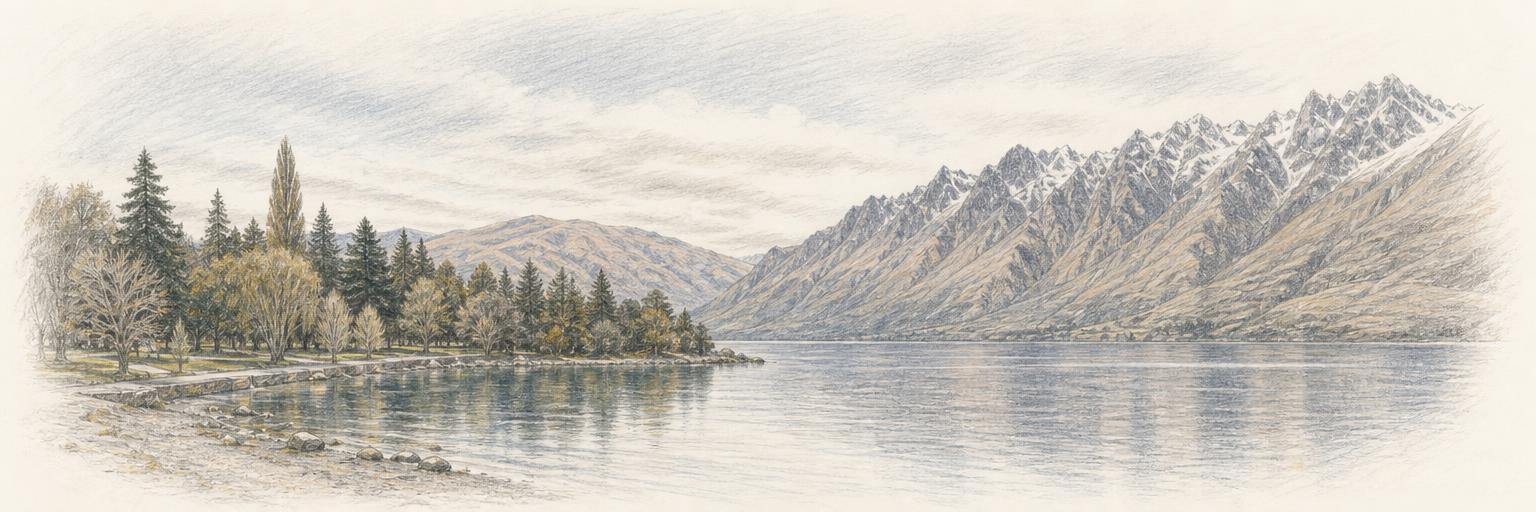 Lake Wakatipu with the sawtooth peaks of The Remarkables rising across the water from Queenstown's tree-lined foreshore.