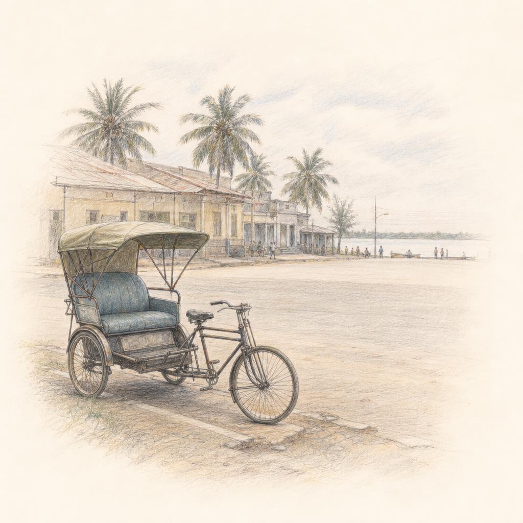 Um ciclo-táxi com o seu assento traseiro almofadado, parado numa rua larga de Quelimane, com coqueiros e o rio ao fundo.
