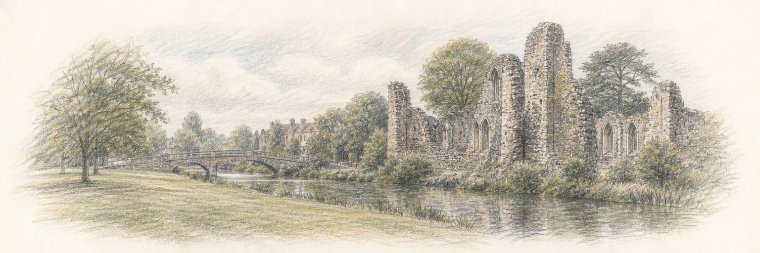 Colored-pencil sketch of the ruined flint walls of Reading Abbey standing among trees beside the quiet River Kennet.