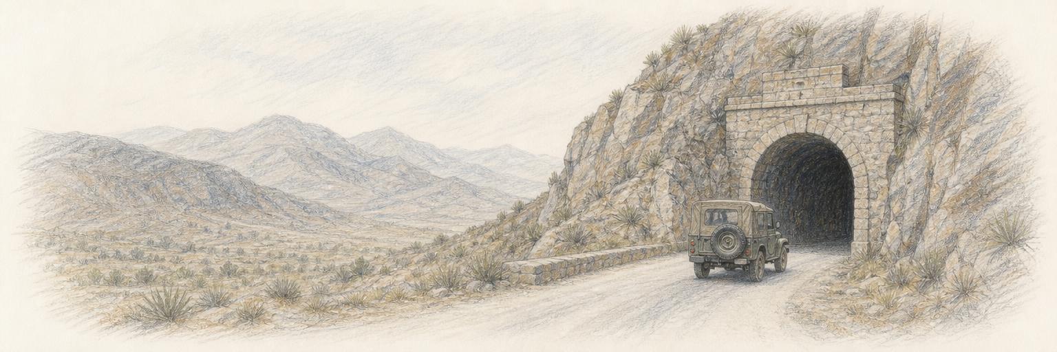 La entrada de piedra del Túnel de Ogarrio en la ladera de la Sierra de Catorce, con un vehículo esperando su turno en el camino de un solo carril.
