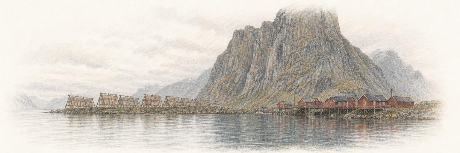 Stockfish drying racks and red rorbu cabins along the shore of the Reinefjord, beneath the sheer face of Reinebringen.