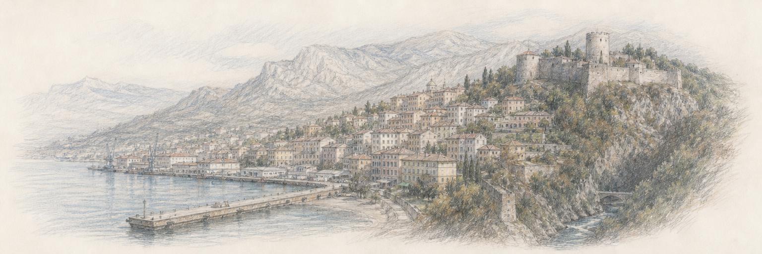 A colored-pencil sketch of Rijeka's terraced hillside above Kvarner Bay, with the stone ramparts of Trsat Castle on the wooded bluff above the Rječina and the port at the water's edge.