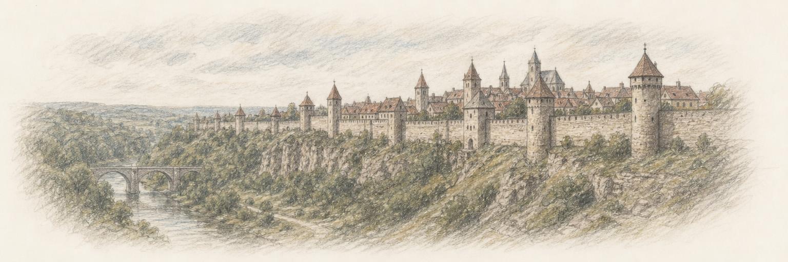 Die fast vollständige mittelalterliche Stadtmauer mit ihren Türmen über dem Taubertal, dahinter die roten Dächer der Altstadt und die alte Steinbrücke im Tal.