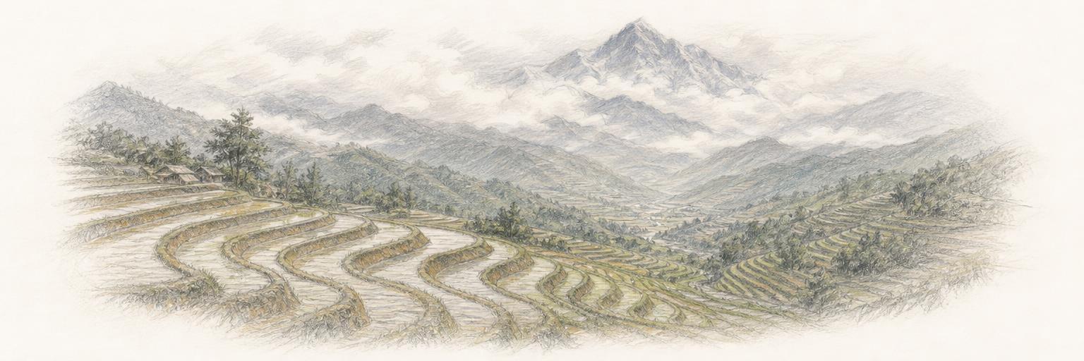 Terraced rice fields step down the Mường Hoa valley below Sa Pa, with Fansipan's peak rising through fog in the distance.
