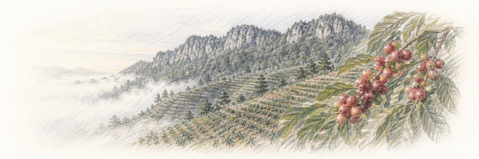 A branch of ripening red Sagada Gold arabica coffee cherries with Aguid's farmed slopes, pine-covered limestone ridges and low morning fog stretching behind.