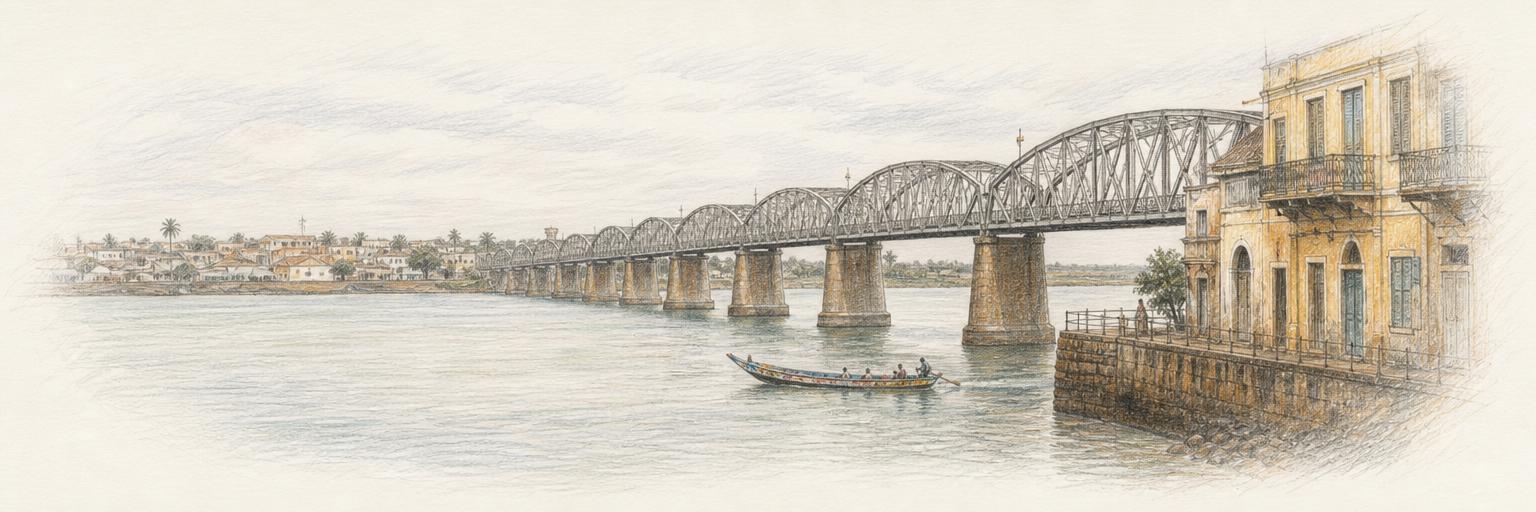 Le pont Faidherbe et ses travées métalliques enjambant le fleuve Sénégal, une pirogue glissant sur l'eau calme devant les façades de l'île de Saint-Louis.