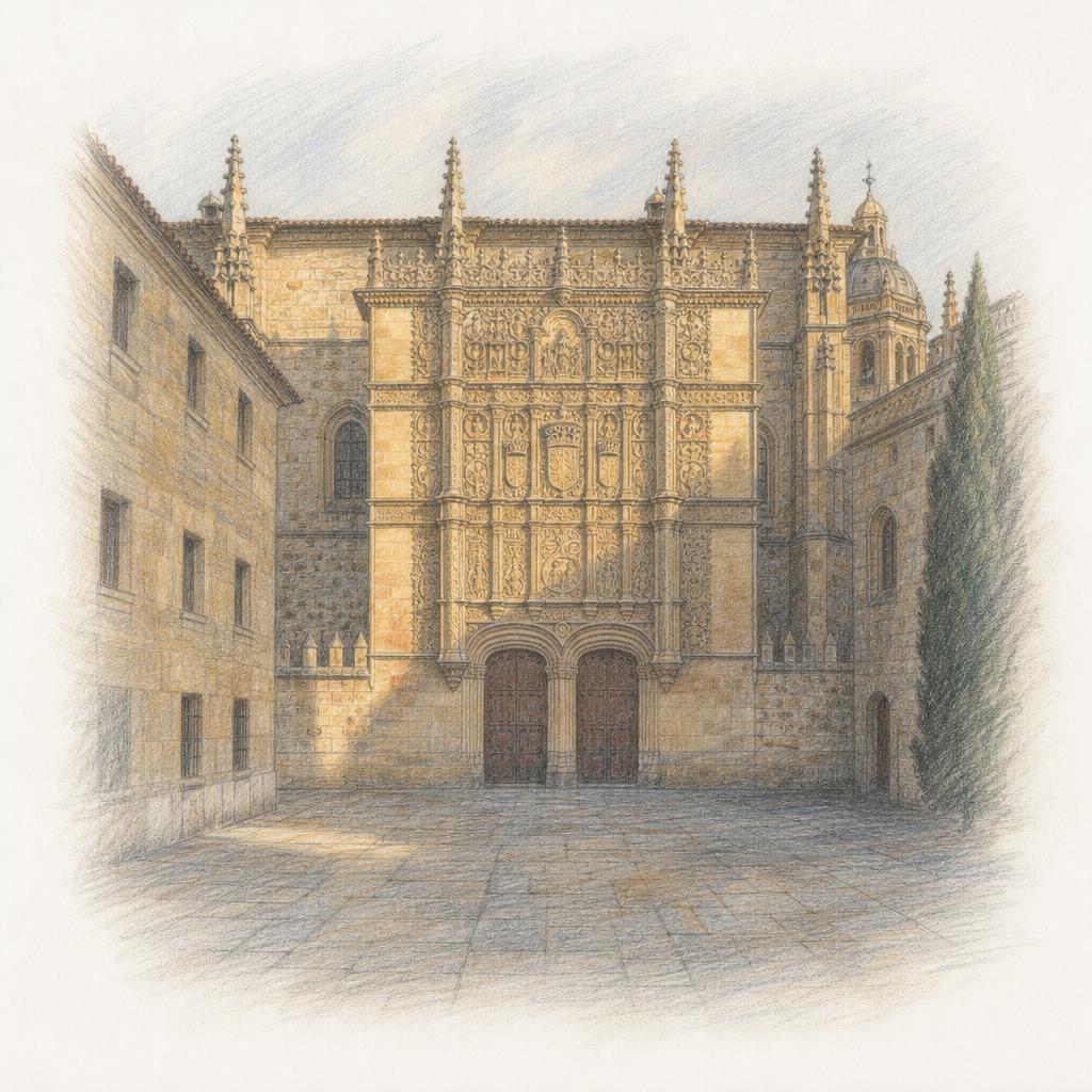 La fachada plateresca de las Escuelas Mayores de la Universidad de Salamanca, vista desde el Patio de Escuelas.