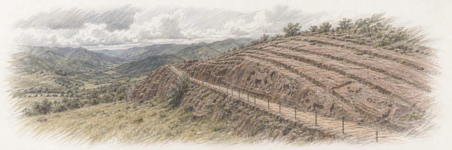 La larga roca tallada de El Fuerte vista de costado, con sus canales paralelos sobre la piedra rojiza y los valles verdes del Codo de los Andes al fondo.