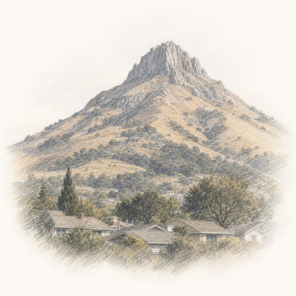 A sketch of Bishop Peak's rocky summit rising above dry golden grass and oak scrub at the edge of San Luis Obispo, with low rooftops along the valley floor