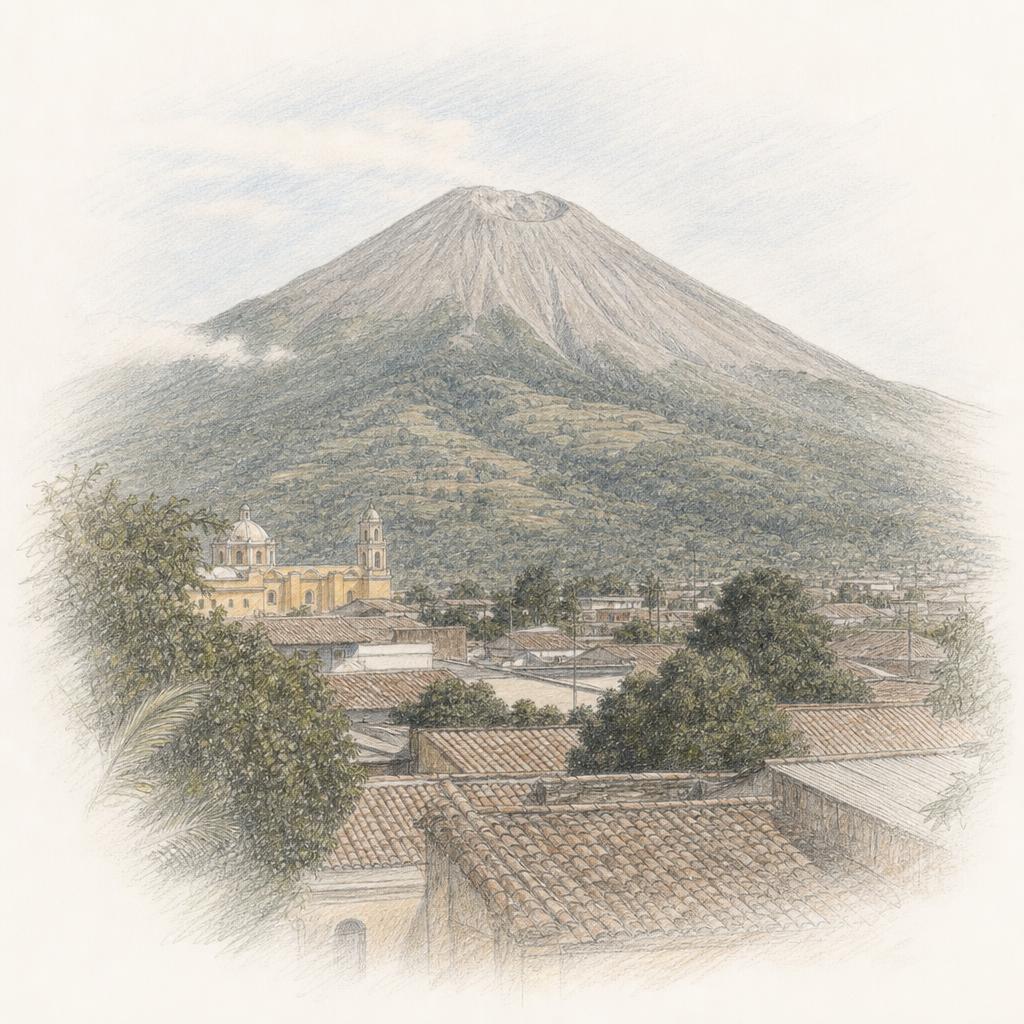 El volcán de Santa Ana, Ilamatepec, visto por encima de los techos de teja de la ciudad, con su cima gris sobre las laderas cafetaleras.