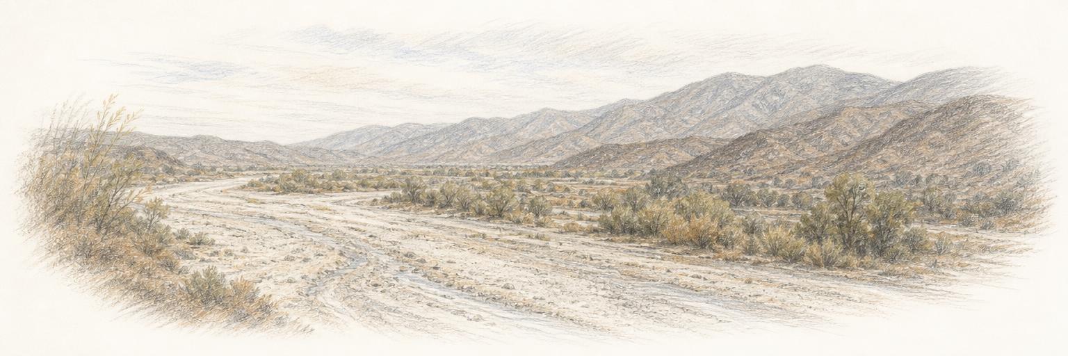 Colored-pencil sketch of the dry, sandy braided bed of the Santa Clara River winding past willow scrub below the chaparral mountains.