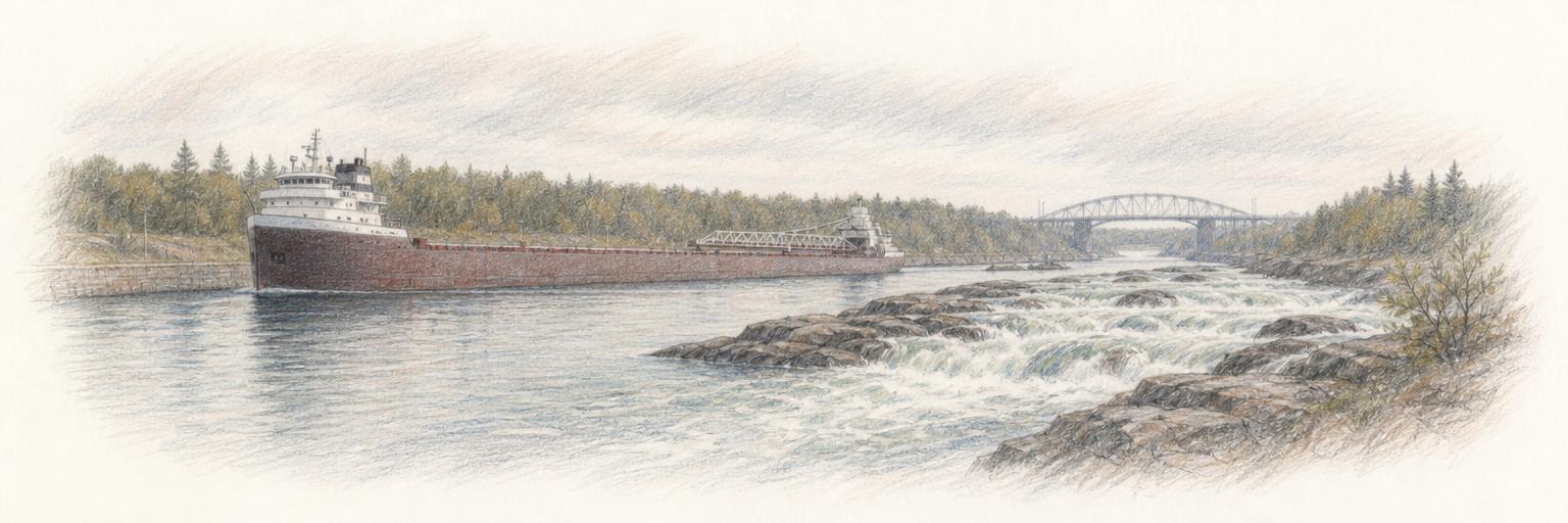 A lake freighter passing through the Sault Ste. Marie canal beside the St. Marys rapids.