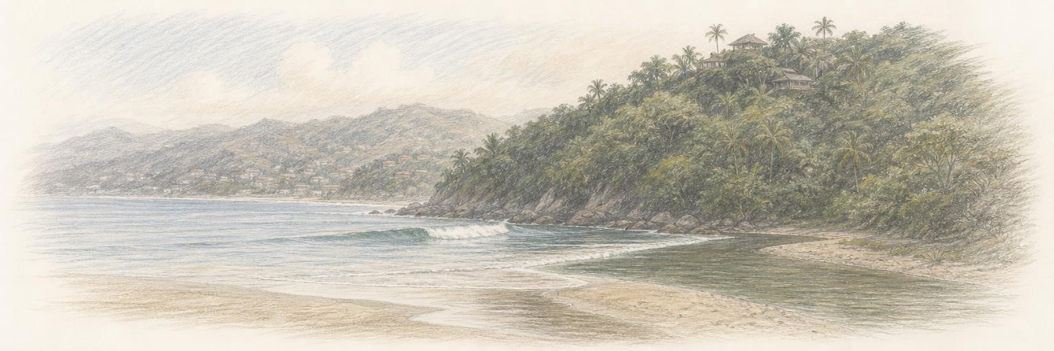 La rompiente del arroyo de Sayulita donde el río se encuentra con el Pacífico, junto a un promontorio cubierto de selva.