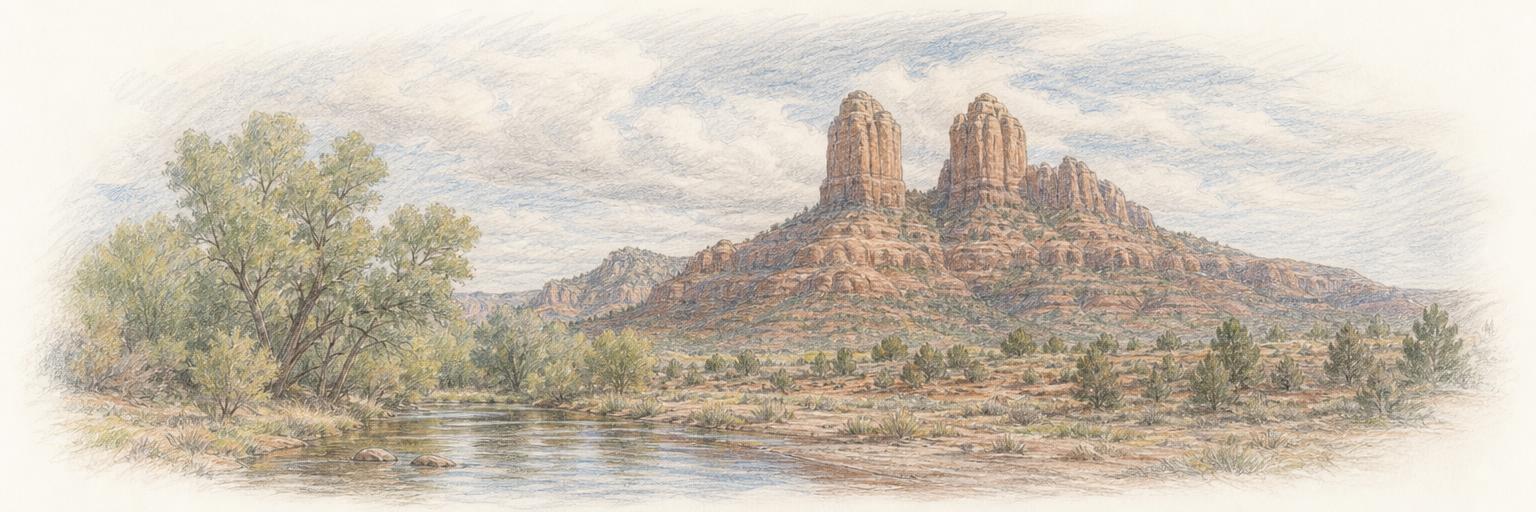A colored-pencil sketch of Sedona's twin-spired Cathedral Rock rising above a bend of Oak Creek.