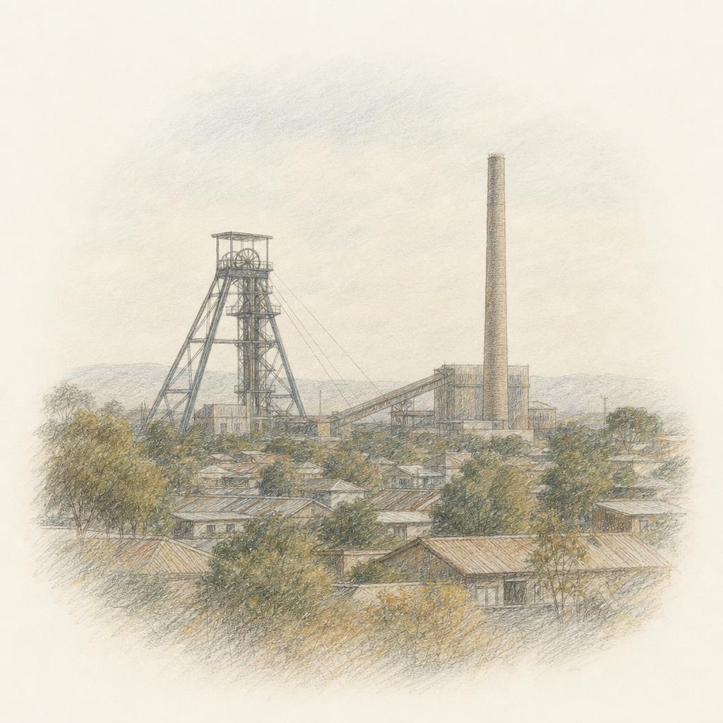 The idle headgear and smelter stack of the closed copper-nickel mine standing above Selebi-Phikwe's rooftops.