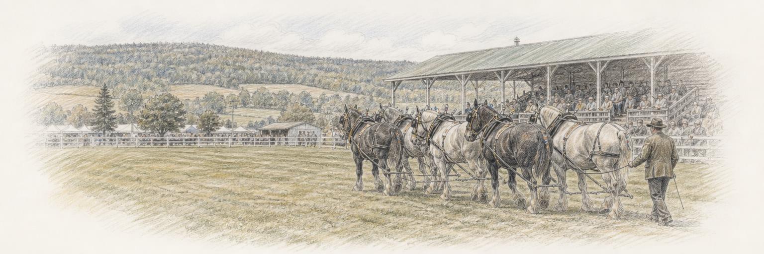 A team of heavy draft horses shown in the grass ring at the Shawville Fair, with a wooden grandstand and the wooded Pontiac farmland behind.