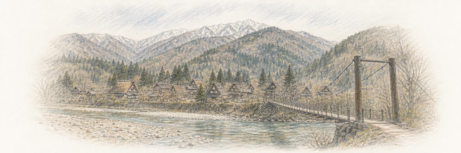 The Deai suspension footbridge over the Shōkawa river, with the steep thatched gasshō-zukuri roofs of Ogimachi and the Hakusan mountains beyond.