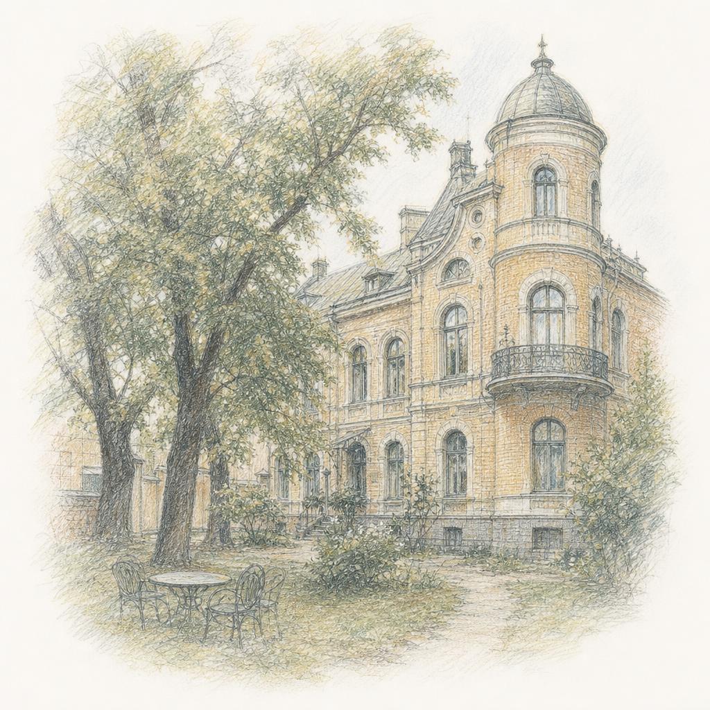A sketch of the Art Nouveau Chaim Frenkel Villa in Šiauliai, seen from its garden courtyard.