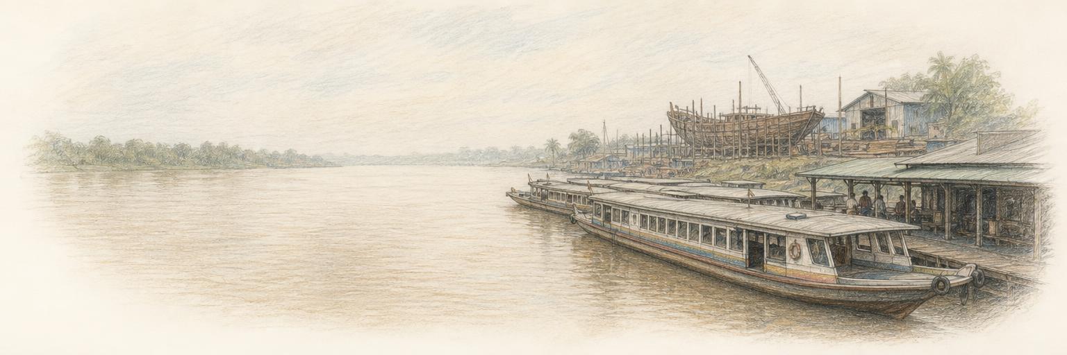 Express passenger boats moored at the floating wharf on the Rajang river at Sibu, with a shipyard and a half-built hull on the far bank.