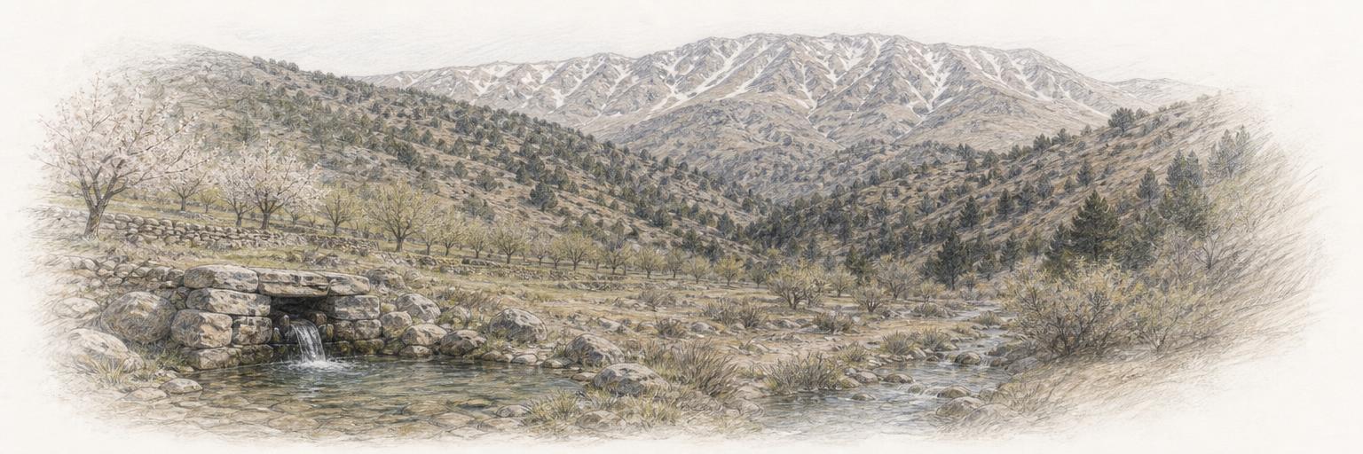 A sketch of Sir Ed Danniyeh's highland valley, with a stone spring and terraced apple orchards in front, juniper and cedar woods on the slopes, and snow-streaked peaks beyond.