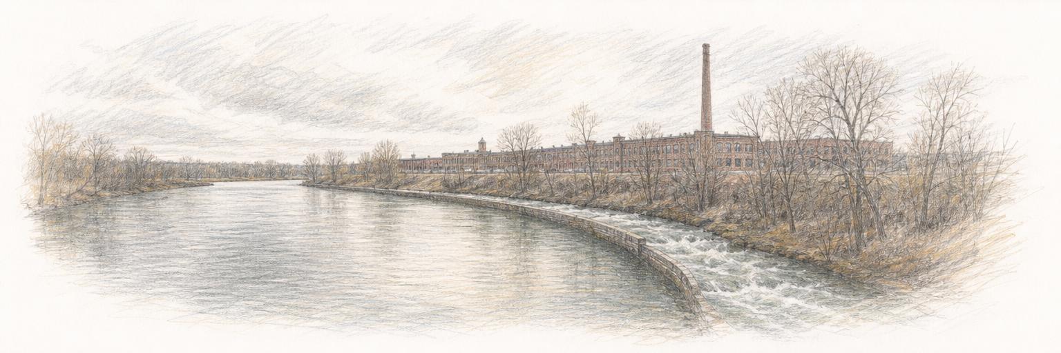 The St. Joseph River curving through its namesake bend past the old brick Studebaker factory works and the East Race channel.
