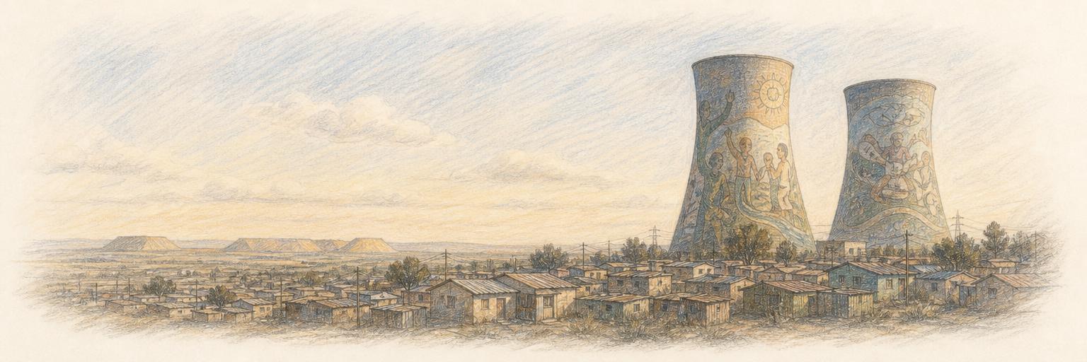 The painted twin cooling towers of the old Orlando power station rising over a long stretch of Soweto rooftops under a wide Highveld sky.