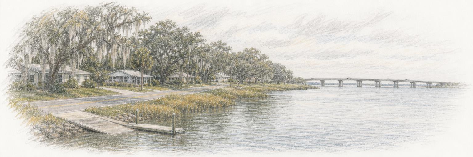 A sketch of the Matanzas River shoreline at St. Augustine South, with modest houses under moss-draped live oaks along Shore Drive, a small boat ramp, and the low SR 312 bridge in the distance.