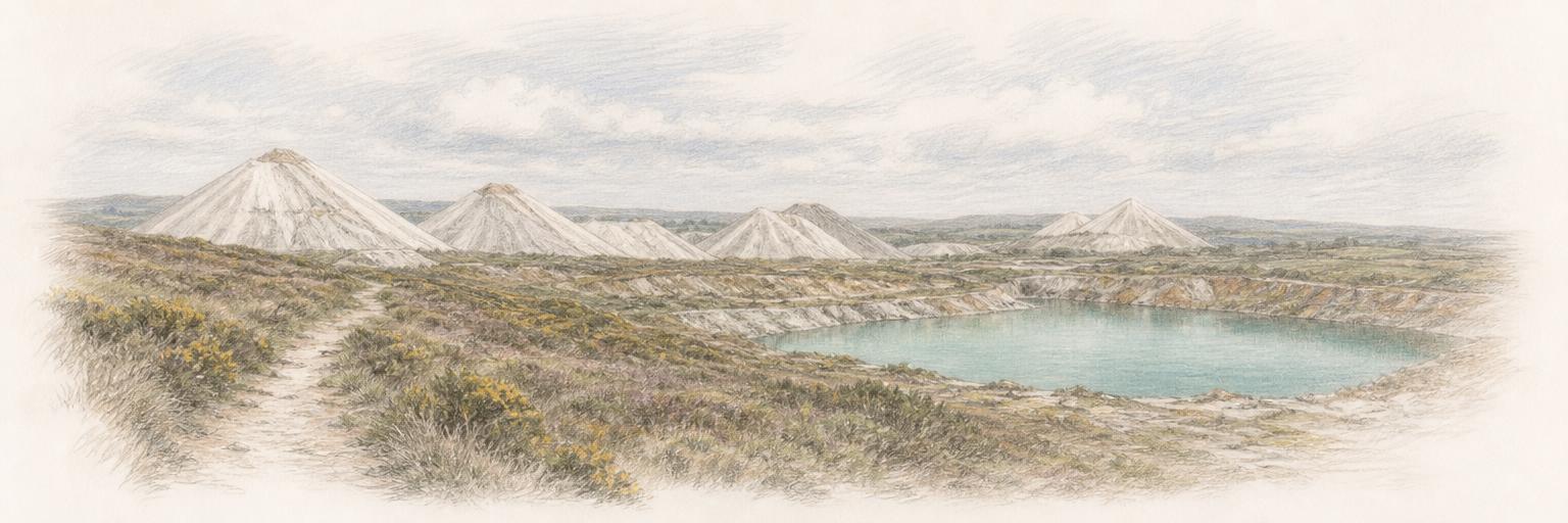 A colored-pencil sketch of the pale conical china-clay tips known as the Cornish Alps rising behind St Austell's clay country.