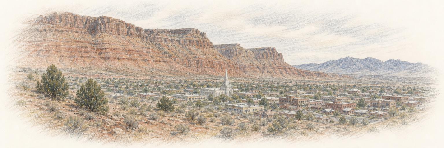 The red sandstone cliffs of the Red Hills rise above downtown St. George, with the low desert town and the small pale spire of the historic temple at their base.