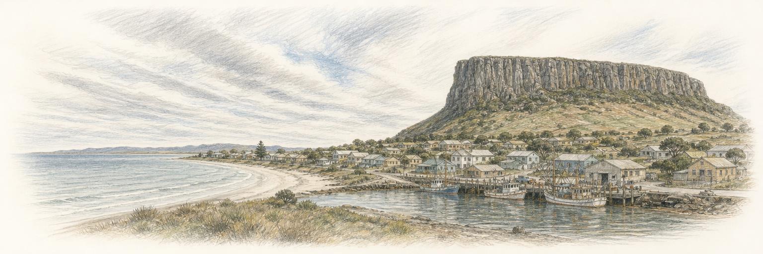 The Nut, Stanley's flat-topped headland, rises above the town's cottages and crayfish boats on the tombolo, with Godfreys Beach curving away toward Bass Strait.