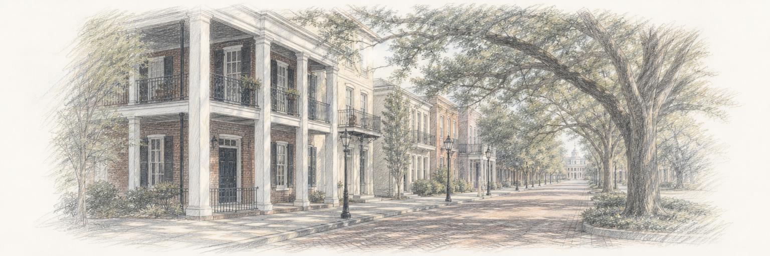 A colored-pencil sketch of Starkville's Cotton District: columned two- and three-story buildings with balconies along a quiet, oak-lined brick street toward the Mississippi State campus.
