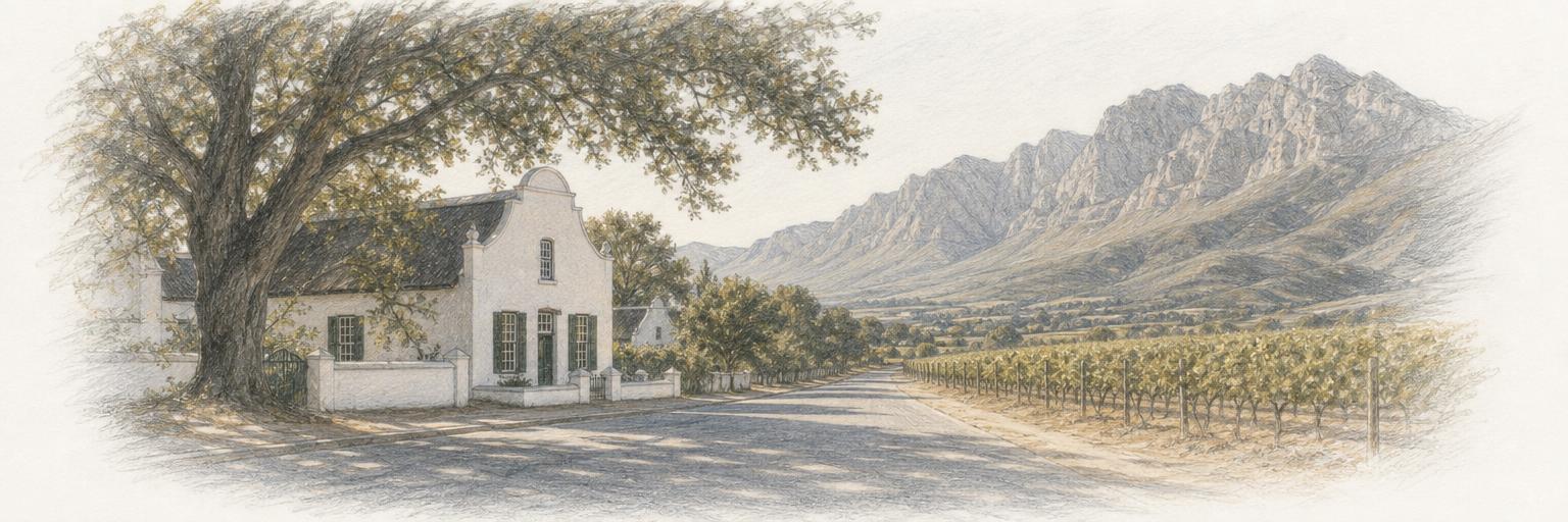 A colored-pencil sketch of a whitewashed Cape Dutch house under oaks on Dorp Street, with vineyards and the Jonkershoek mountains beyond.