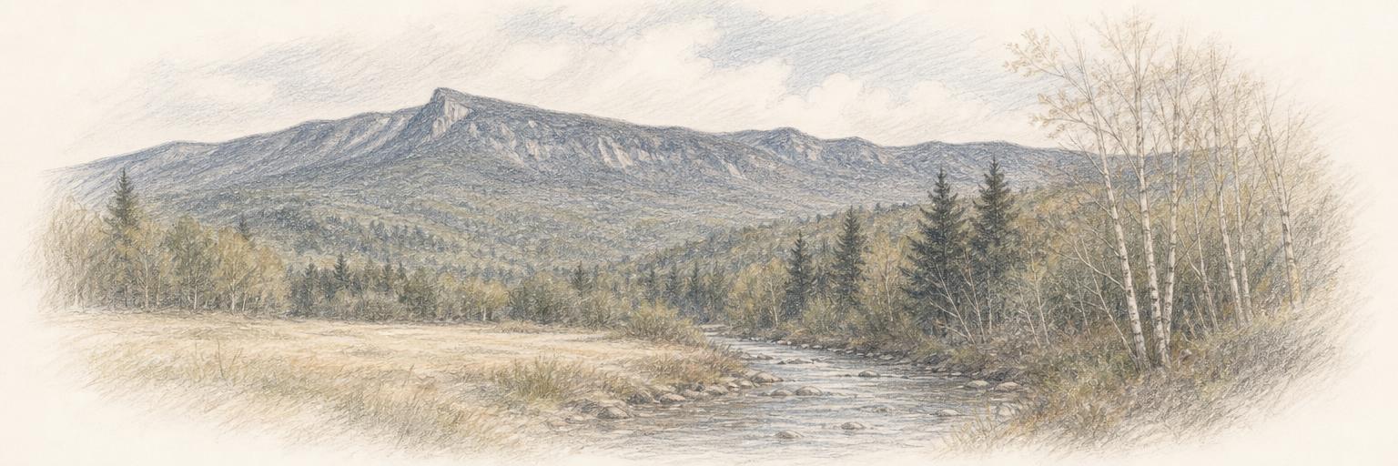The ridgeline of Mount Mansfield above the Little River valley at Stowe.