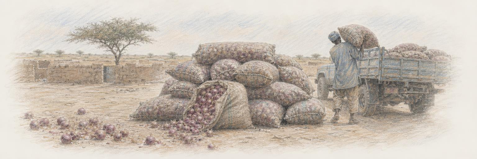 Des sacs d'oignons Violet de Galmi empilés pour le chargement dans une cour de marché poussiéreuse, un sac ouvert laissant voir les bulbes violets, avec l'horizon sahélien au fond.