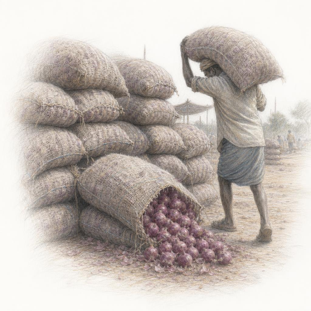 Des sacs d'oignons Violet de Galmi empilés pour le chargement, un sac ouvert laissant voir les bulbes violets.