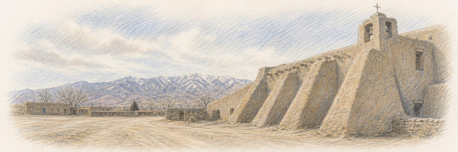 The sculpted adobe buttresses of San Francisco de Asís church in Ranchos de Taos, with the Sangre de Cristo mountains on the horizon.